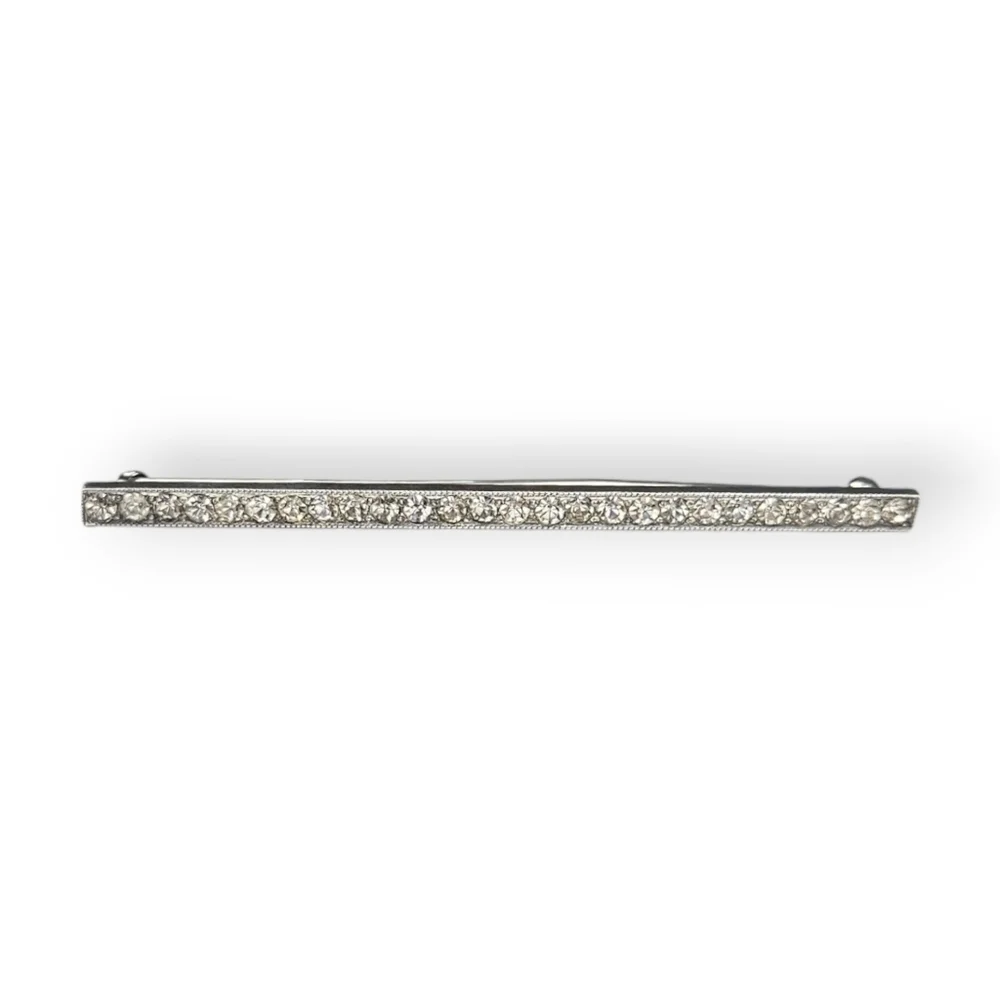 Antique Edwardian Bar Brooch White Paste Gems 925 Sterling Silver 1900s 3